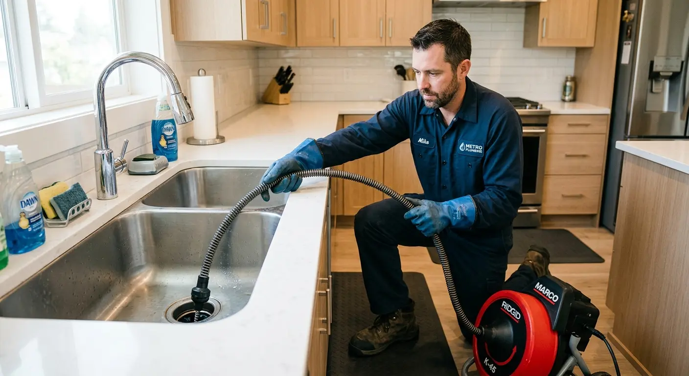 Drain cleaning technician using a motorized snake on a kitchen sink in Briarcliff Manor