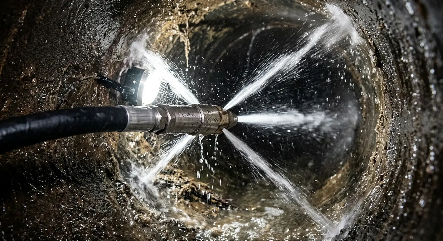 High-pressure hydro jetting nozzle cleaning sewer pipe for Storm Drain Cleaning in Briarcliff Manor