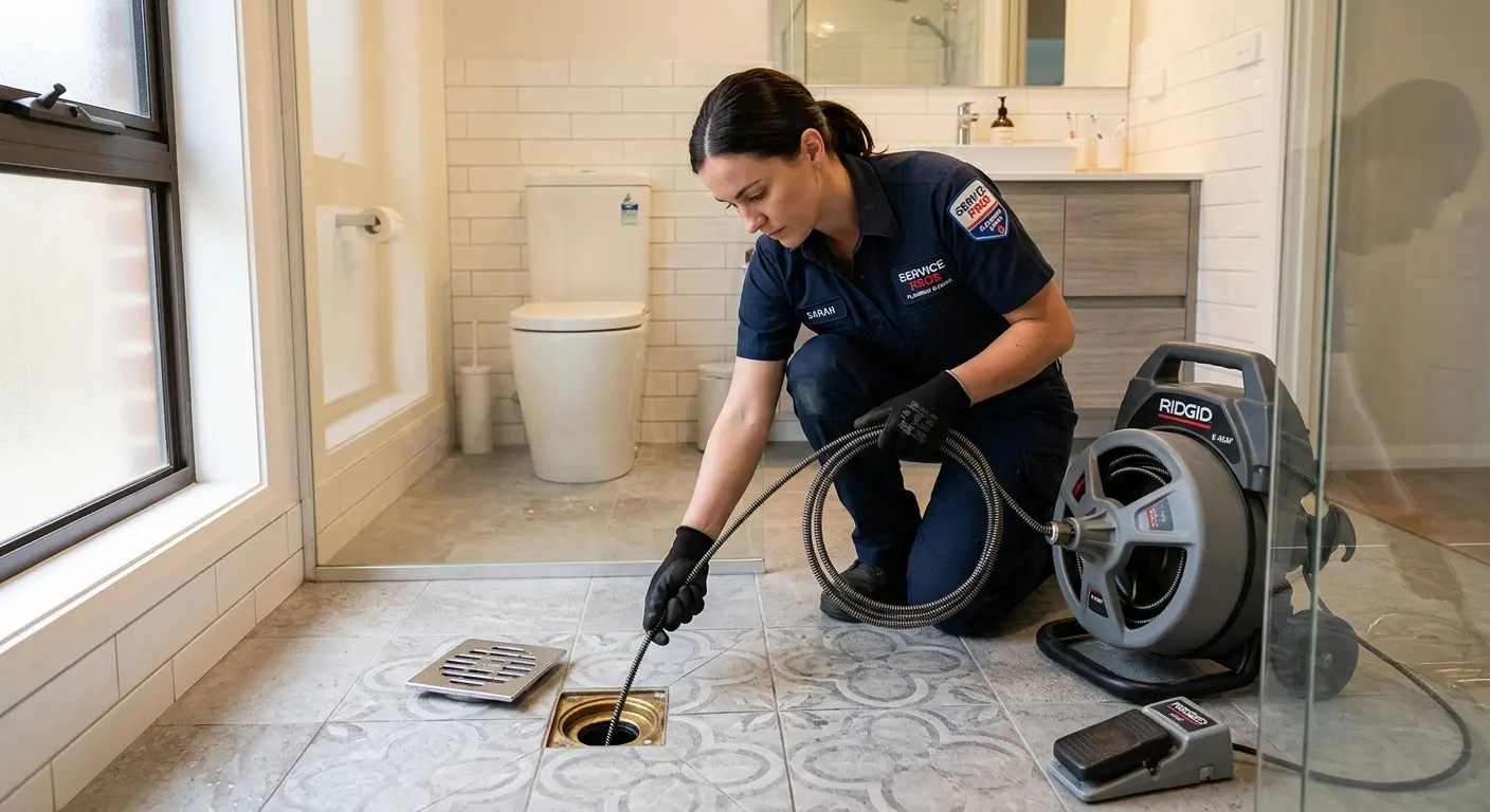 Technician clearing a bathroom floor drain for Hydro Jetting in Briarcliff Manor